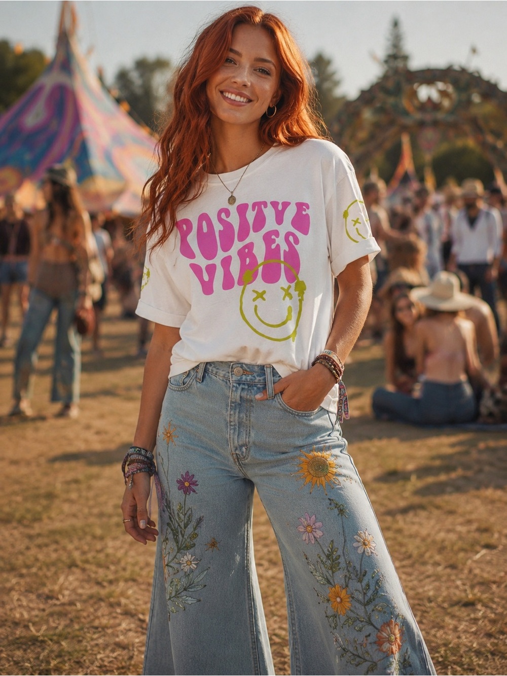 White Graphic Tee with "Positive Vibes" Pink Accent and Smiley Face